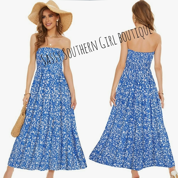 Sassy Southern Girl boutique Dresses Boho Blue Floral Smocked